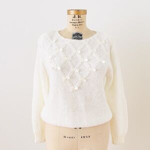 Vintage Cream Cable Knit Sweater with Bows and Pearls Size Large Coquette Girly